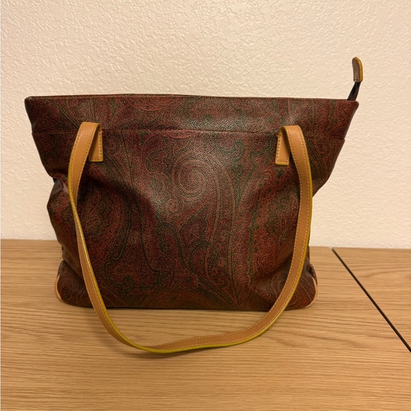 ETRO Elegant Paisley Tote Bag - Brown Tan handles purple lining.